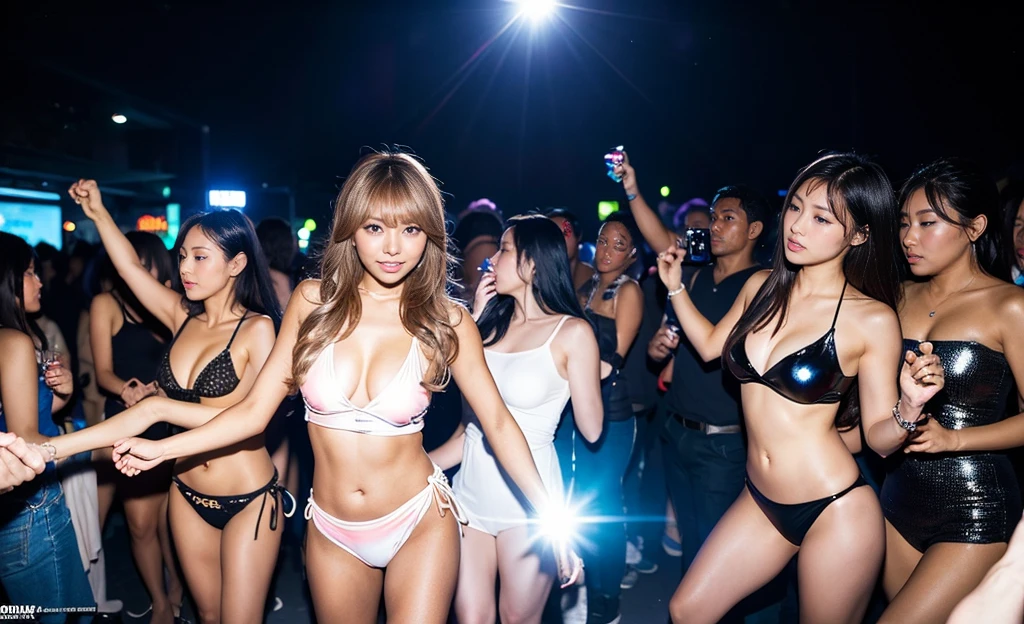 crowd, in night club, gyaru, dark-skinned, (shiny oiled skin:1.2), wearing bikini, dancing, thick fog, sony a7, film grain, dark night, Photorealistic, one-point perspective, 32K, diffuse reflection, colorful shiny particles, Lens Flare, soft lighting, full body shot, crowd background