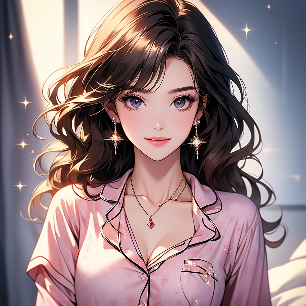 (It is a photo of the upper body), beautiful face, Highly detailed face and skin texture, (fine eyes), brown eyes, double eyelid, thin eyebrows, glitter eyeliner: 1.2, natural cheeks, shiny skin, Fair skin, (((wearing pajamas))), sparkly necklace and earrings, (glossy lips: 1. 4), (enchanting smile), (20-year-old), (wavy hair, diagonal bangs), short hair, head band, ((upper body shot)), ((focus on chest and face)), off shoulder、huge breasts, looking at viewer, smiling