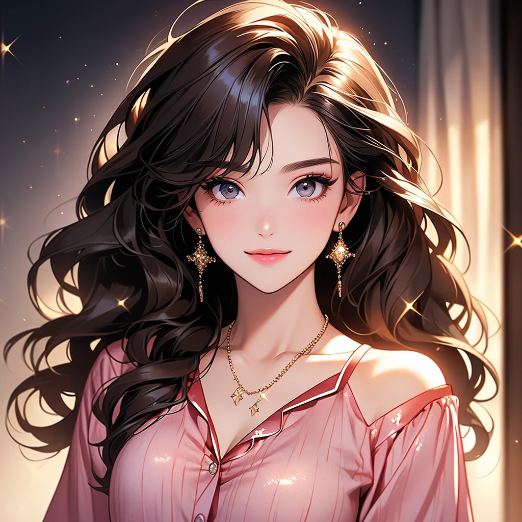 (It is a photo of the upper body), beautiful face, Highly detailed face and skin texture, (fine eyes), brown eyes, double eyelid, thin eyebrows, glitter eyeliner: 1.2, natural cheeks, shiny skin, Fair skin, (((wearing pajamas))), sparkly necklace and earrings, (glossy lips: 1. 4), (enchanting smile), (20-year-old), (wavy hair, diagonal bangs), short hair, head band, ((upper body shot)), ((focus on chest and face)), off shoulder、huge breasts, looking at viewer, smiling