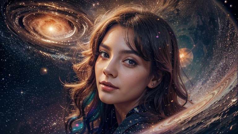 girl, inside rose, planets, nebula, dynamic, masterpiece, extremely detailed, vibrant colors, sparkles, swirl, splashes, waves, close-up