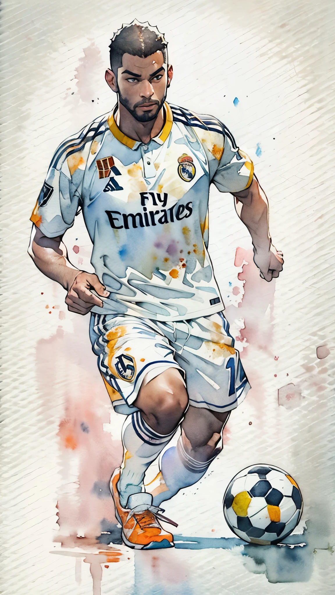 (masterpiece:1.2, Highest quality),(Very detailed),(((watercolor))),8K,wallpaper,(Real Madrid uniform),(Soccer Shoes),26 years old,Black man,Dribbling,(((front))),(((whole body:1.5))),(Serious),((Detailed hand drawing)),(((透明watercolor:1.3))),(((Dynamic Dribble)))