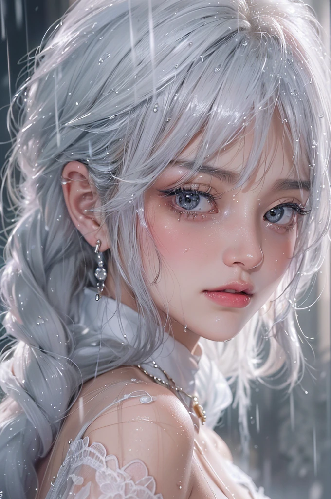 (masterpiece:1.3), (8K, Realisticistic, RAW Photos, Best image quality: 1.4), Fair skinの妖精の女性、Long Hair、Cleavage:2.0、Highly detailed face、Attention to detail、double eyelid、Chest to chest、Sharp focus:1.2、Beautiful woman:1.4、Silvery white hair、Highest quality、masterpiece、Ultra-high resolution、(Realisticistic:1.4)、Highly detailed and professionally lit smiles、Loose, Light, Shoulder out、thin、Serious expression、Short-haired、Deadly position, Gorgeous Accessories, One person (RAW shooting, Realistic:1.5, 8K, Highest quality, masterpiece, Ultra-high resolution), (((heavy snow))), Perfect dynamic composition:1.2, (Modern city night view City building facade, Expressions of sadness:0.9, Tears flow:0.9, Crying with a broken heart:0.9), Highly detailed skin and facial textures:1.2, Slim office lady wet with rain:1.3,  Fair skin:1.2, Sexy beauty:1.1, Perfect Style:1.2, beautifully、beautiful:1.1, Very beautiful face:1.2, Water droplets on the skin, (Rain drips down on my body:1.2, Wet body:1.2, Wet Hair:1.3), (Bloodyのナイフを持っている:1.2, How to properly wear a wet white blouse:1.35), (Center of chest, Bra is sheer, Chest gap),  (beautifulエロティックな目:1.0), (Too erotic:0.9, charm:0.9), necklace, Earrings, bracelet、Bloody