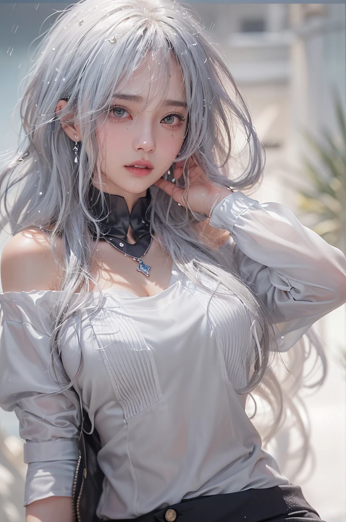 (masterpiece:1.3), (8K, Realisticistic, RAW Photos, Best image quality: 1.4), Fair skinの妖精の女性、Long Hair、Cleavage:2.0、Highly detailed face、Attention to detail、double eyelid、Chest to chest、Sharp focus:1.2、Beautiful woman:1.4、Silvery white hair、Highest quality、masterpiece、Ultra-high resolution、(Realisticistic:1.4)、Highly detailed and professionally lit smiles、Loose, Light, Shoulder out、thin、Serious expression、Short-haired、Deadly position, Gorgeous Accessories, One person (RAW shooting, Realistic:1.5, 8K, Highest quality, masterpiece, Ultra-high resolution), (((heavy snow))), Perfect dynamic composition:1.2, (Modern city night view City building facade, Expressions of sadness:0.9, Tears flow:0.9, Crying with a broken heart:0.9), Highly detailed skin and facial textures:1.2, Slim office lady wet with rain:1.3, Fair skin:1.2, Sexy beauty:1.1, Perfect Style:1.2, beautifully、beautiful:1.1, Very beautiful face:1.2, Water droplets on the skin, (Rain drips down on my body:1.2, Wet body:1.2, Wet Hair:1.3), (Bloodyのナイフを持っている:1.2, How to properly wear a wet white blouse:1.35), (Center of chest, Bra is sheer, Chest gap), (beautifulエロティックな目:1.0), (Too erotic:0.9, charm:0.9), necklace, Earrings, bracelet、Bloody