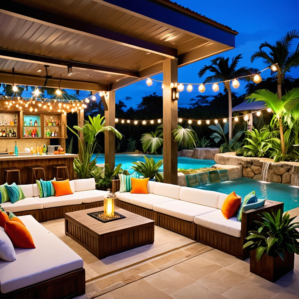 Create a tropical resort-style outdoor space with a swimming pool. The setting should feature a container bar with a vibrant and colorful design. Include string lights for a festive atmosphere, palm trees and lush greenery around the area, and comfortable seating with tropical-inspired cushions. The pool should have clear, inviting water with a sandy area nearby, creating a relaxing and exotic environment.
