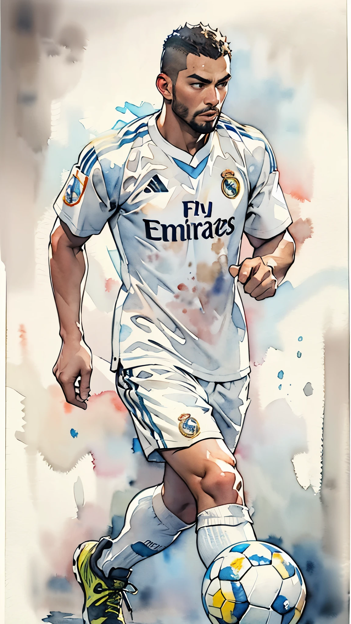 (masterpiece:1.2, Highest quality),(Very detailed),(((watercolor))),8K,wallpaper,(Real Madrid uniform),(Soccer Shoes),26 years old,Black man,Dribbling,(((front))),(((whole body:1.5))),(Serious),((Detailed hand drawing)),(((透明watercolor:1.3))),(((Dynamic Dribble)))