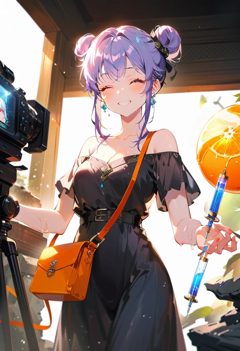 Purple hair girl painting、Glass mandarin orange earrings decorate both ears、Eye color: Ocean pink purple、Space Eyes、Inside the room、(((Giant orange shaped cushion)))Hug、Sit down, long hair、Bun Hair、Cool and complicated, Hand holding sliced orange, A very happy expression with plenty of orange juice、Holding a syringe、The syringe contains orange juice、Orange juice spills from both hands, Very embarrassed、The best smile、Open your mouth wide、Grin、Eyes closed、((Purple and black dress))、((Syringe Shoulder Bag)), Fun and lively characters, close( Perfect Anatomy )、Beautiful, translucent white skin、A slightly wet purple dress、Underwear is visible、Soaking wet、quality\(8K,Highly detailed CG unit wallpaper, masterpiece,High resolution,top-quality,top-quality real texture skin,Super two-dimensional,Increase the resolution,RAW Photos,highest quality,Very detailed,wallpaper,Cinema Lighting,Ray-tracing,Golden Ratio\),[Browsing Caution]、White and orange theme、Everything is orange except for the outfit, hairstyle, and eye color.、barefoot、whole body