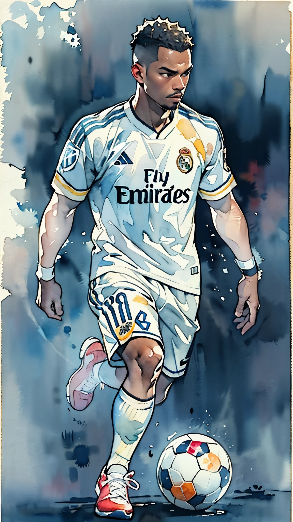 (masterpiece:1.2, Highest quality),(Very detailed),(((watercolor))),8K,wallpaper,(Real Madrid uniform),(Soccer Shoes),26 years old,Black man,Dribbling,(((front))),(((whole body:1.5))),(Serious),((Detailed hand drawing)),(((透明watercolor:1.2))),(((Dynamic Dribble)))