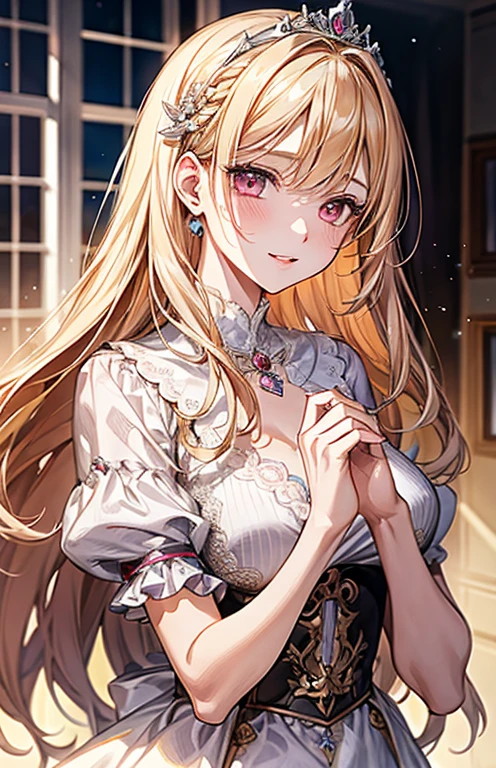 masterpiece、Highest quality、High resolution、High-quality images、8K, 1 female、Skin Radiance、Texture of skin and clothing、Expression of fine eyes、Shiny latte-colored hair,Long Hair Girl, Manga inspired by Lee Jong-suk, Trending on deviantart, realism, detailed manga style, Manga art style, Perfect Line Drawing, Beautiful line art, digital manga art girl, K-POPアイドル, dress, Beautiful pink eyes, Fuller lips, Gorgeous face with attention to detail, (Cute Smile), charm, Innocent, Side view, (Perfectly detailed face), (Beautiful Hands) Photorealistic images, Written boundary depth, Half-up hairstyle, tiara, 白いウエディングdress,At a wedding,Association, evening,Lots of roses,