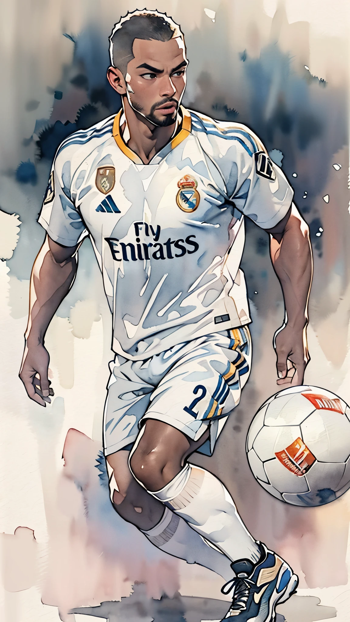 (masterpiece:1.2, Highest quality),(Very detailed),(((watercolor))),8K,wallpaper,(Real Madrid uniform),(Soccer Shoes),26 years old,Black man,Dribbling,(((front))),(((whole body:1.5))),(Serious),((Detailed hand drawing)),(((透明watercolor:1.2))),(((Dynamic Dribble)))