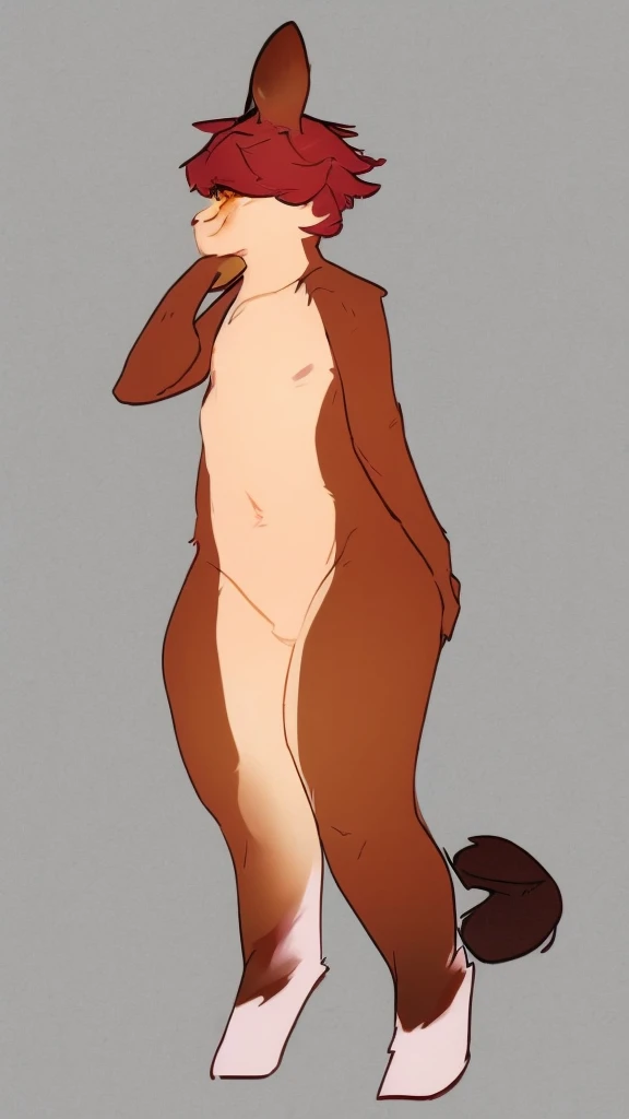 Solo, score_9, score_8_up, score_7_up, score_6_up, score_5_up, score_4_up, source_anime, Anthro furry girl, maned wolf, brown eyes, tall and skinny, tail,  long legs, short brown hair, white tips on hair, white highlights on hair, low ponytail. side locks, jitome, bags under eyes, naked, flat chested, mastectomy scars,