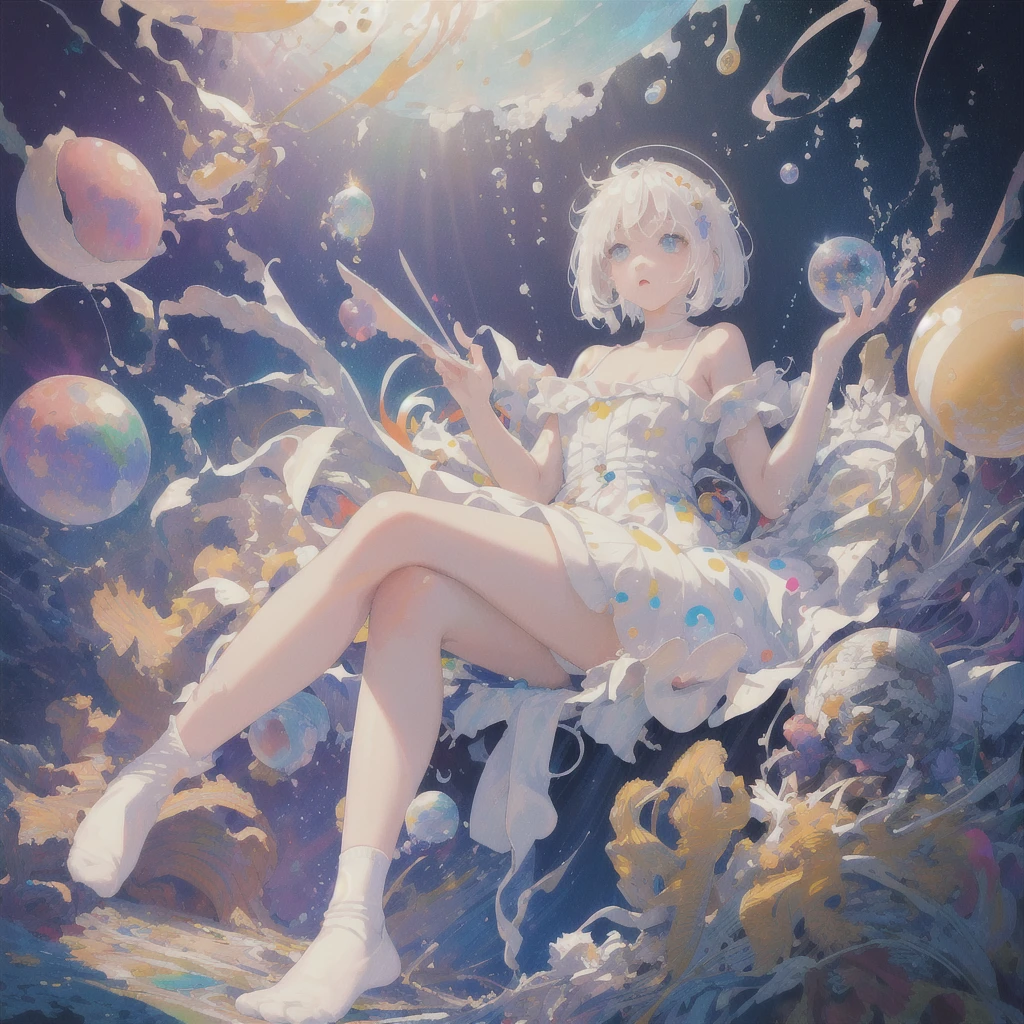 (masterpiece, best quality:1.2), (ultra detailed),(illustration), wallpaper, original, 1girl, messy white hair, spaghetti strap, white dress, bare legs, White socks, bare arms, space, Earth background, near-earth orbit, full body, ,(surrounded by colorful splashes and dot),colorful bubble,(shining)