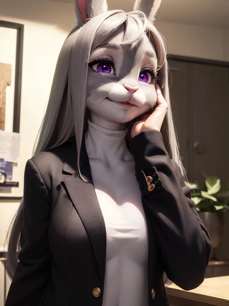 best quality,
masterpiece,
hyper Realistic,
ultra-detailed,
beautiful detailed,
4K,8K,High level,
PIXAR,
Photo real,
medium shot,
Looking at the audience upside,
background in bloom office,
Realistic lighting,
((anthropomorphic rabbit)),
detailed animals,
Complex patterns,
(furry:1.35),
(Whole skin is gray:1.35),
(body is fluffy and bushy:1.35),
Realistic fur,
((human hands)),
(Face is JudyHopps:1.35),
((long straight hair))
wispy bangs, bangs,
purple eyes,
{highlight on eyes, crisp eyes, sparkle in the eyes, round big pupils},
detailed iris,
(rised eyebrows:1.2),
(Crescent Brows:1.3),
(rabbit ears:1.1),
Smile,
Big Smile,
Innocent smile,
raised corners of mouth,
office lady is wearing suit,
((White blouse)) BREAK ((Black blazer)) BREAK ((Black pants)),
clothes made of wool,
(solo:1.5),
(1 lady:1.5),
one character only
alone,
Perfect Anatomy,
highlight,
sunlight,
daylight,
intricate details,
ray tracing,
photorealistic,
lighter shadows,
