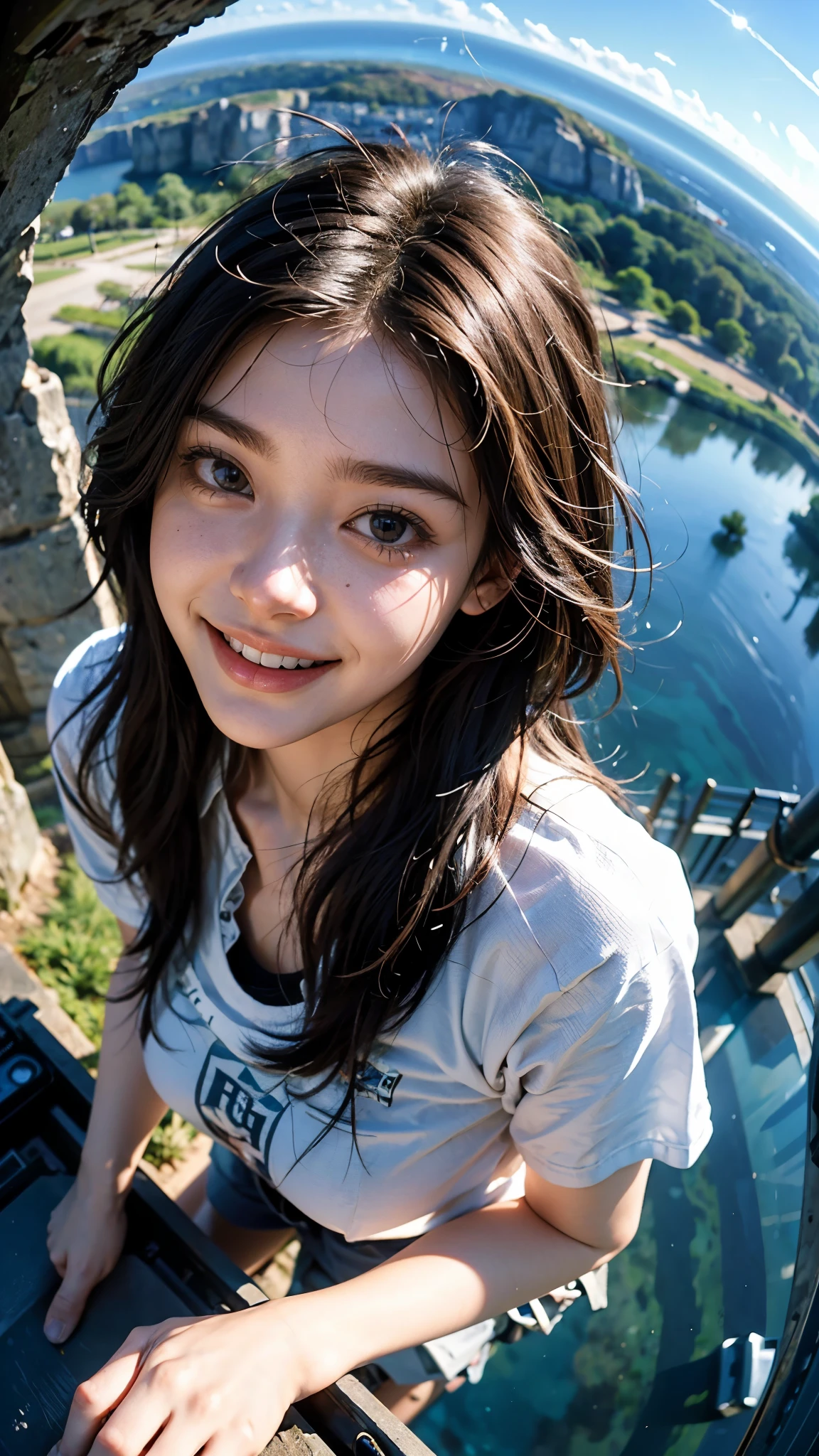 Highest quality, masterpiece, Ultra-high resolution,8K, (Realistic:1.6), (Rock Climbing Portrait) RAW Photos, 1 Girl,(Full of smiles, Showing teeth)), 22 years old,((In the middle of a cliff)),((Straight black hair long hair)),((Black hair fluttering in the wind)),((Looking up at the audience)),Face Focus:1.4,((Photographed from above with a fisheye lens:1.4)),((Background of airplane trails shining against the blue sky)), Image Media Chest)),((Smiling with teeth showing)),