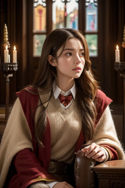 A young woman with light brown hair in a Gryffindor , facing forward with a serious expression,detailed facial features,sitting in intricate Hogwarts castle, warm lighting,vibrant colors,cinematic composition