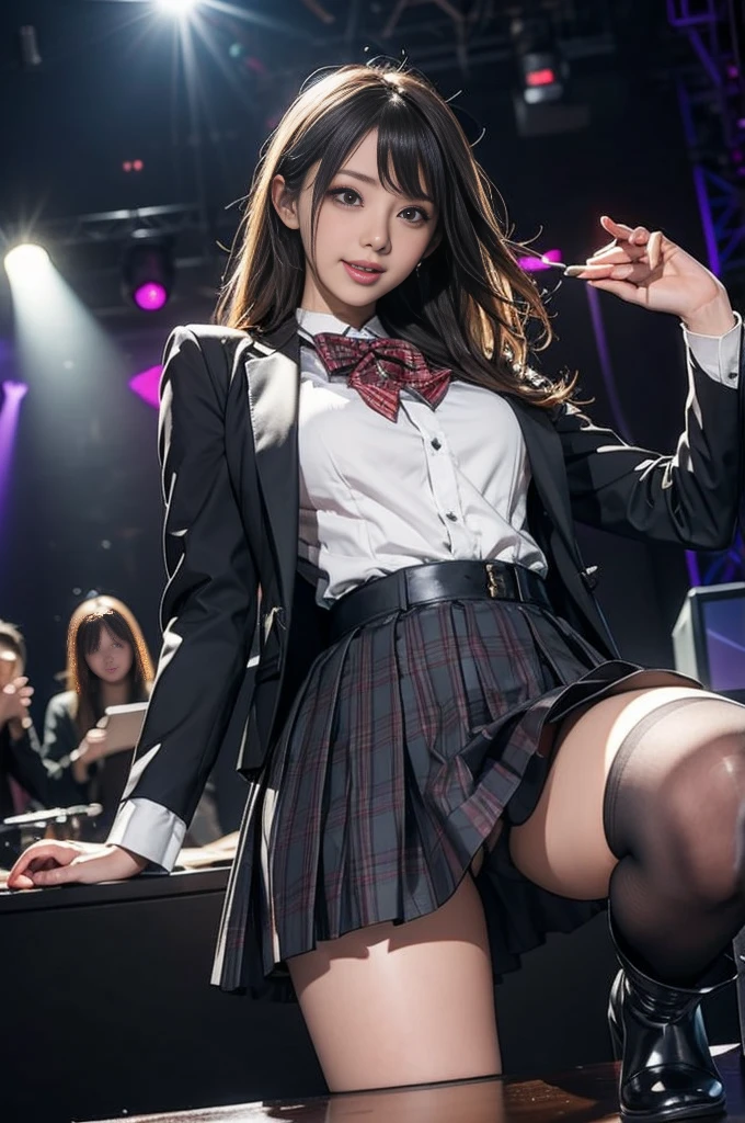 High school girl blazer、 uniform、Red checked knee-length skirt、Long skirt、JK Style、Jacket、smile、Knee-high socks、Thigh-high socks、pantyhose、super beauty、Super cute、ennui、Rare beauty、Black Dark Eyeshadow、Good skin glow、Long hair straightener、Fragrant beauty、Stained glass background、Masterpiece、Best Quality、Refers to 5 books、Sweat glistening on chest、Sweat glistening on face、Small breasts、Golden Hair、Age 19 years old、Slightly slim、Mysterious look、Sweating profusely all over the body、A lot of sweat and light on the thighs、Shiny thighs、Plenty of sweat glistening on the thighs、A large amount of sweat glistens on thighs、Gal、japanese face、Alluring expression、(((Thick thigh)))、spread legs, in a band、Live House Background、Open mouth、Live house scenery, Glamorous live stage、Dynamic Angle、Platform boots、Are standing、Hime cut hair、Gothloli 、from under stage, (((from below))),