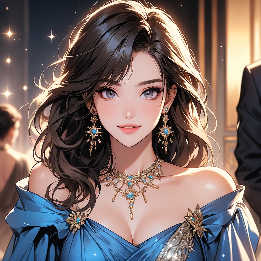 (It is a photo of the upper body), beautiful face, Highly detailed face and skin texture, (fine eyes), brown eyes, double eyelid, thin eyebrows, glitter eyeliner: 1.2, natural cheeks, shiny skin, Fair skin, (((wearing evening dress))), sparkly necklace and earrings, (glossy lips: 1. 4), (enchanting smile), (20-year-old), (wavy hair, diagonal bangs), short hair, head band, ((upper body shot)), ((focus on chest and face)), off shoulder、huge breasts, looking at viewer, smiling