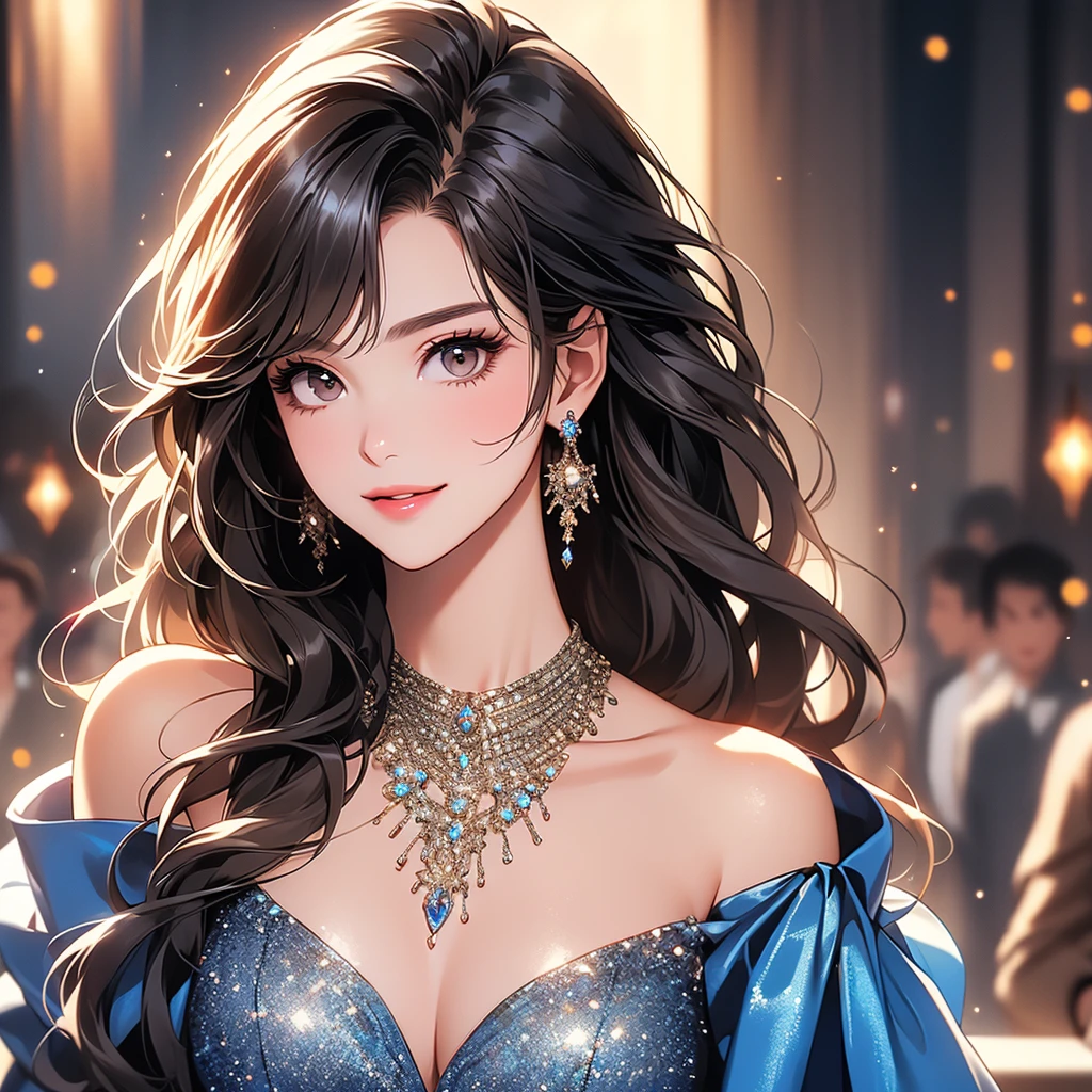 (It is a photo of the upper body), beautiful face, Highly detailed face and skin texture, (fine eyes), brown eyes, double eyelid, thin eyebrows, glitter eyeliner: 1.2, natural cheeks, shiny skin, Fair skin, (((wearing evening dress))), sparkly necklace and earrings, (glossy lips: 1. 4), (enchanting smile), (20-year-old), (wavy hair, diagonal bangs), short hair, head band, ((upper body shot)), ((focus on chest and face)), off shoulder、huge breasts, looking at viewer, smiling