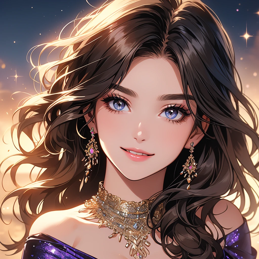 (It is a photo of the upper body), beautiful face, Highly detailed face and skin texture, (fine eyes), brown eyes, double eyelid, thin eyebrows, glitter eyeliner: 1.2, natural cheeks, shiny skin, Fair skin, (((wearing evening dress))), sparkly necklace and earrings, (glossy lips: 1. 4), (enchanting smile), (20-year-old), (wavy hair, diagonal bangs), short hair, head band, ((upper body shot)), ((focus on chest and face)), off shoulder、huge breasts, looking at viewer, smiling