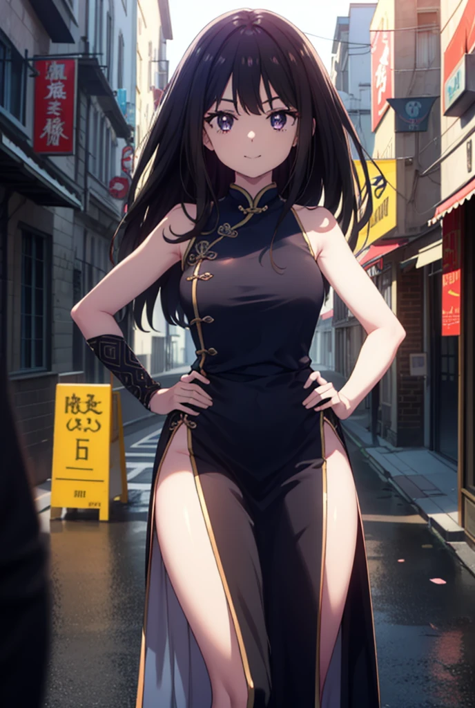 Takiuchi, Check it out, Long Hair, bangs, Black Hair, (Purple eyes:1.2),happy smile, smile, Close your mouth,Bossy,
Sleeveless blue Chinese dress,Blue long slit,Black pantyhose,Stiletto heels,whole bodyがイラストに入るように,Place your hands on your hips,
break outdoors,Building district,
break looking at viewer, whole body,
break (masterpiece:1.2), Highest quality, High resolution, unity 8k wallpaper, (shape:0.8), (Fine and beautiful eyes:1.6), Highly detailed face, Perfect lighting, Highly detailed CG, (Perfect hands, Perfect Anatomy),
break outdoors, city,
break looking at viewer, (Cowboy Shot:1.5),
break (masterpiece:1.2), Highest quality, High resolution, unity 8k wallpaper, (figure:0.8), (Beautiful attention to detail:1.6), Highly detailed face, Perfect lighting, Highly detailed CG, (Perfect hands, Perfect Anatomy),