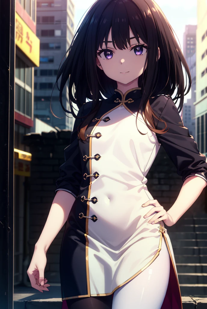 Takiuchi, Check it out, Long Hair, bangs, Black Hair, (Purple eyes:1.2),happy smile, smile, Close your mouth,Bossy,
Sleeveless blue Chinese dress,Blue long slit,Black pantyhose,Stiletto heels,whole bodyがイラストに入るように,Place your hands on your hips,
break outdoors,Building district,
break looking at viewer, whole body,
break (masterpiece:1.2), Highest quality, High resolution, unity 8k wallpaper, (shape:0.8), (Fine and beautiful eyes:1.6), Highly detailed face, Perfect lighting, Highly detailed CG, (Perfect hands, Perfect Anatomy),
break outdoors, city,
break looking at viewer, (Cowboy Shot:1.5),
break (masterpiece:1.2), Highest quality, High resolution, unity 8k wallpaper, (figure:0.8), (Beautiful attention to detail:1.6), Highly detailed face, Perfect lighting, Highly detailed CG, (Perfect hands, Perfect Anatomy),