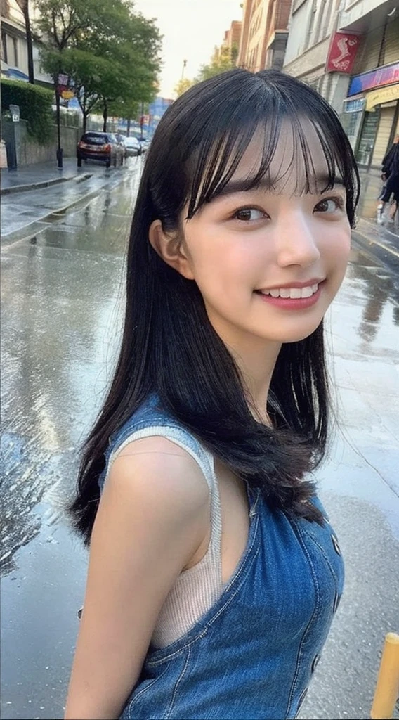 ((Best Quality, 8K, Masterpiece:1.3)), Focus: 1.2, Perfect Body Beauty: 1.4, Buttocks: 1.2, ((Layered Haircut, Breasts: 1.2)), (Wet Clothes: 1.1), (Rain, Street:1.3), Bandeau Dress: 1.1, Highly Detailed Face and Skin Texture, Fine Eyes, Double Eyelids, Whitening Skin, Long Hair, (Shut Up: 1.3), Smile