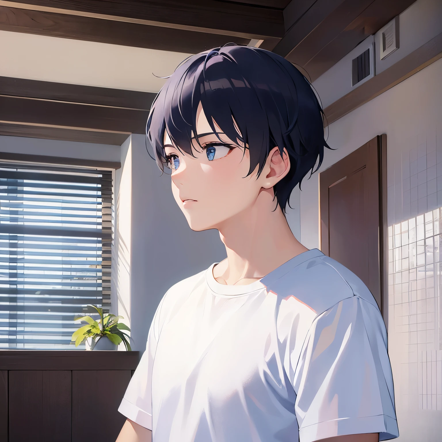 side angle, (looking away:1.5), looking up, upper body、shiny skin, masterpiece、Highest quality、(25-year-old male:1.5) and (Black short hair) and (blue eyes), White T-shirt、Are standing、surprised、The background is the living room、alone