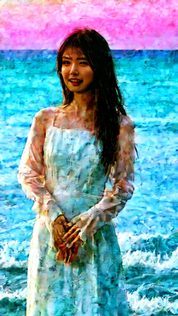 A girl standing by the sea, looking out at the ocean with a slightly melancholic expression, full shot body photo of the most beautiful artwork in the world featuring beautiful girl standing next to the sea in a long dress and smiling. High detail of a sea breeze and wind blowing on a summer day at sunset. Intricate, High Detail, Sharp focus, dramatic, photorealistic painting art by midjourney and greg rutkowski