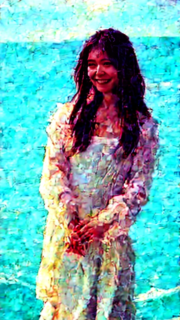 A girl standing by the sea, looking out at the ocean with a slightly melancholic expression, full shot body photo of the most beautiful artwork in the world featuring beautiful girl standing next to the sea in a long dress and smiling. High detail of a sea breeze and wind blowing on a summer day at sunset. Intricate, High Detail, Sharp focus, dramatic, photorealistic painting art by midjourney and greg rutkowski