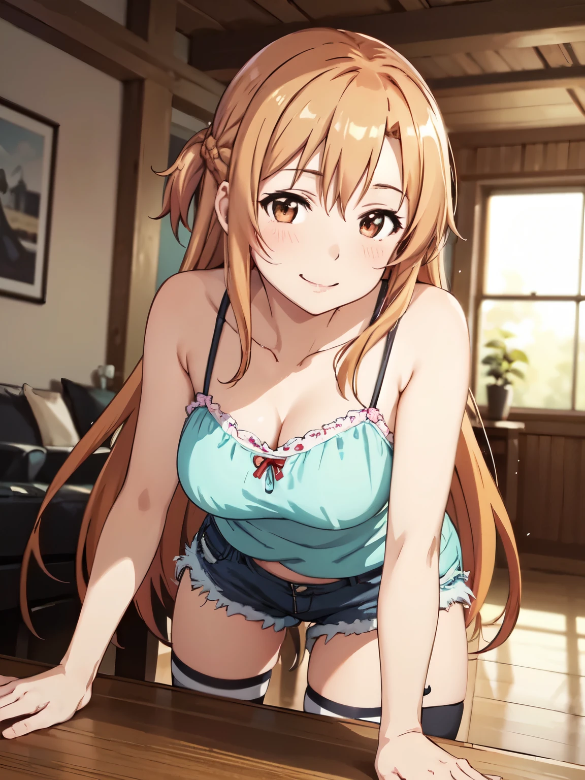  (Moe:1.15)、Anime illustration style、Very detailed、Asuna,One Girl、smile、Closed Mouth、Shorts、Long Hair,Knee socks, smile, View your audience, camisole, 4K,8K、Leaning forward