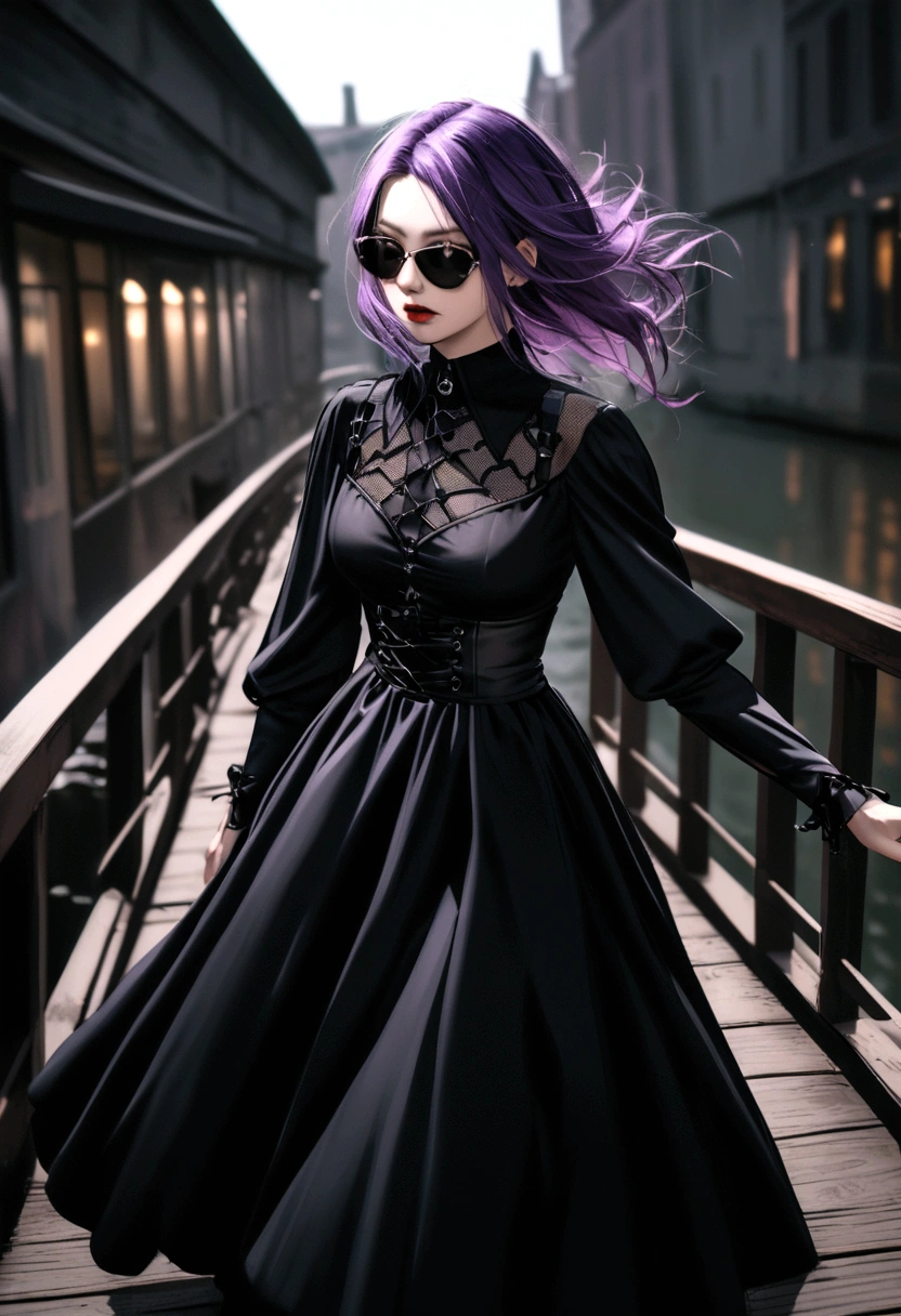 araffe woman with purple hair and sunglasses standing on a bridge, on a bridge, standing on a bridge, outfit: cop, cinematic outfit photo, wearing a dark dress, witchcore clothes, grimdark vibes, witchy clothing, wearing a gothic dress, dark clothing, wearing modern gothic clothes, dark vibes, dark clothes, goth vibe, dark dress, full portrait, action, dynamic