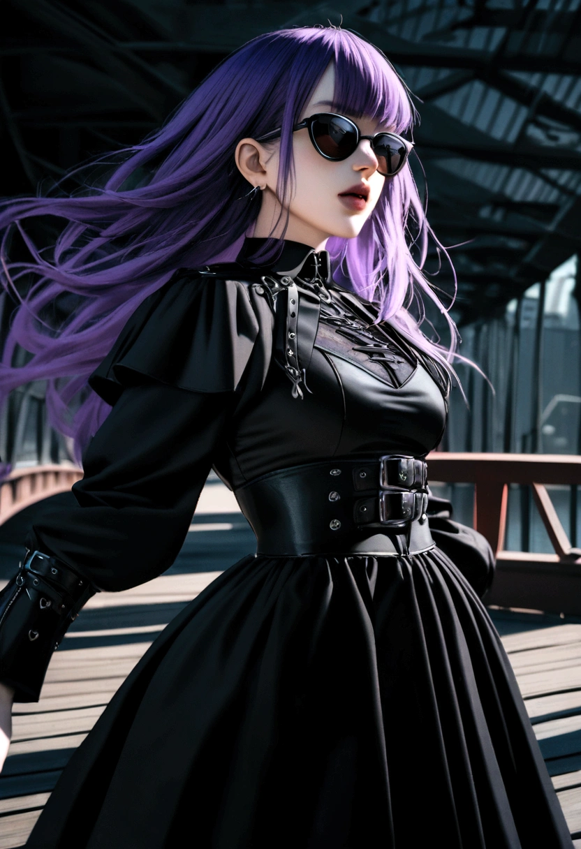 araffe woman with purple hair and sunglasses standing on a bridge, on a bridge, standing on a bridge, outfit: cop, cinematic outfit photo, wearing a dark dress, witchcore clothes, grimdark vibes, witchy clothing, wearing a gothic dress, dark clothing, wearing modern gothic clothes, dark vibes, dark clothes, goth vibe, dark dress, full portrait, action, dynamic