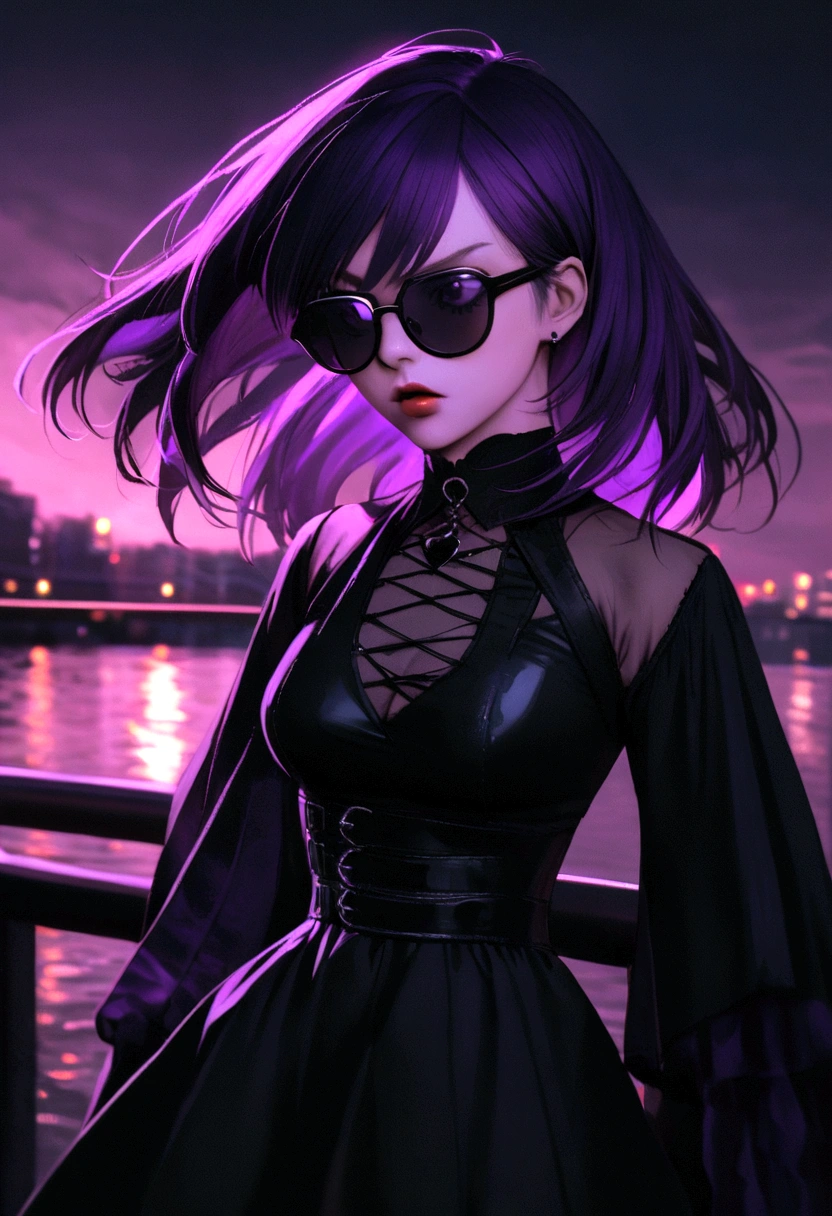 araffe woman with purple hair and sunglasses standing on a bridge, on a bridge, standing on a bridge, outfit: cop, cinematic outfit photo, wearing a dark dress, witchcore clothes, grimdark vibes, witchy clothing, wearing a gothic dress, dark clothing, wearing modern gothic clothes, dark vibes, dark clothes, goth vibe, dark dress, full portrait, action, dynamic
