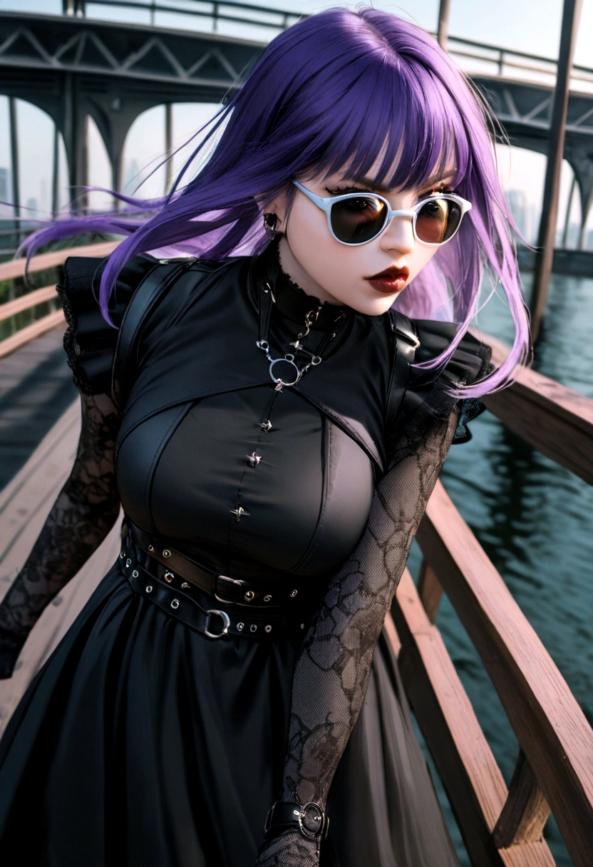 araffe woman with purple hair and sunglasses standing on a bridge, on a bridge, standing on a bridge, outfit: cop, cinematic outfit photo, wearing a dark dress, witchcore clothes, grimdark vibes, witchy clothing, wearing a gothic dress, dark clothing, wearing modern gothic clothes, dark vibes, dark clothes, goth vibe, dark dress, full portrait, action, dynamic