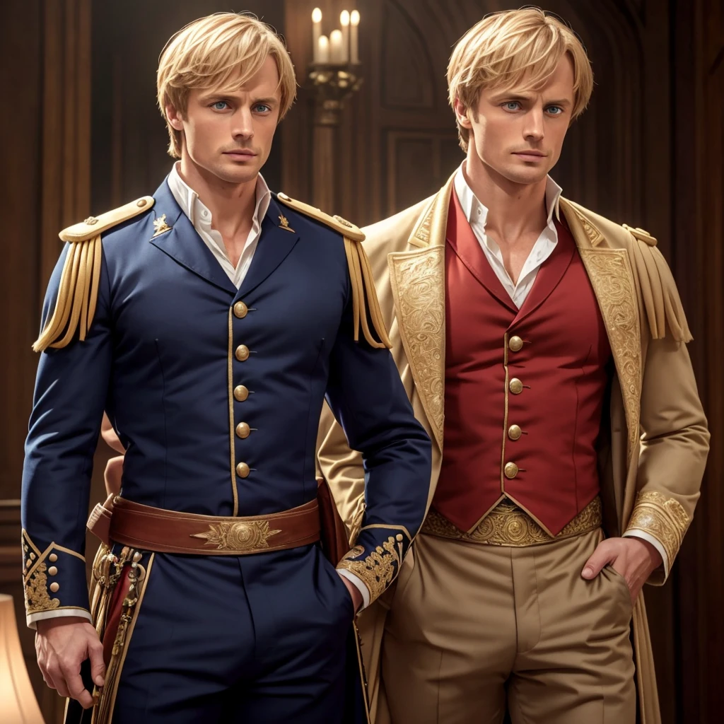 Bradley James handsome Victorian captain. The captain is 55 years old, muscular, blond, dressed in a ceremonial uniform, tight-fitting to his body and showing his muscles, buttoned up with all the buttons. His dreamy gaze is directed into the distance. The fly in the trousers is unbuttoned. Big and thick dick.