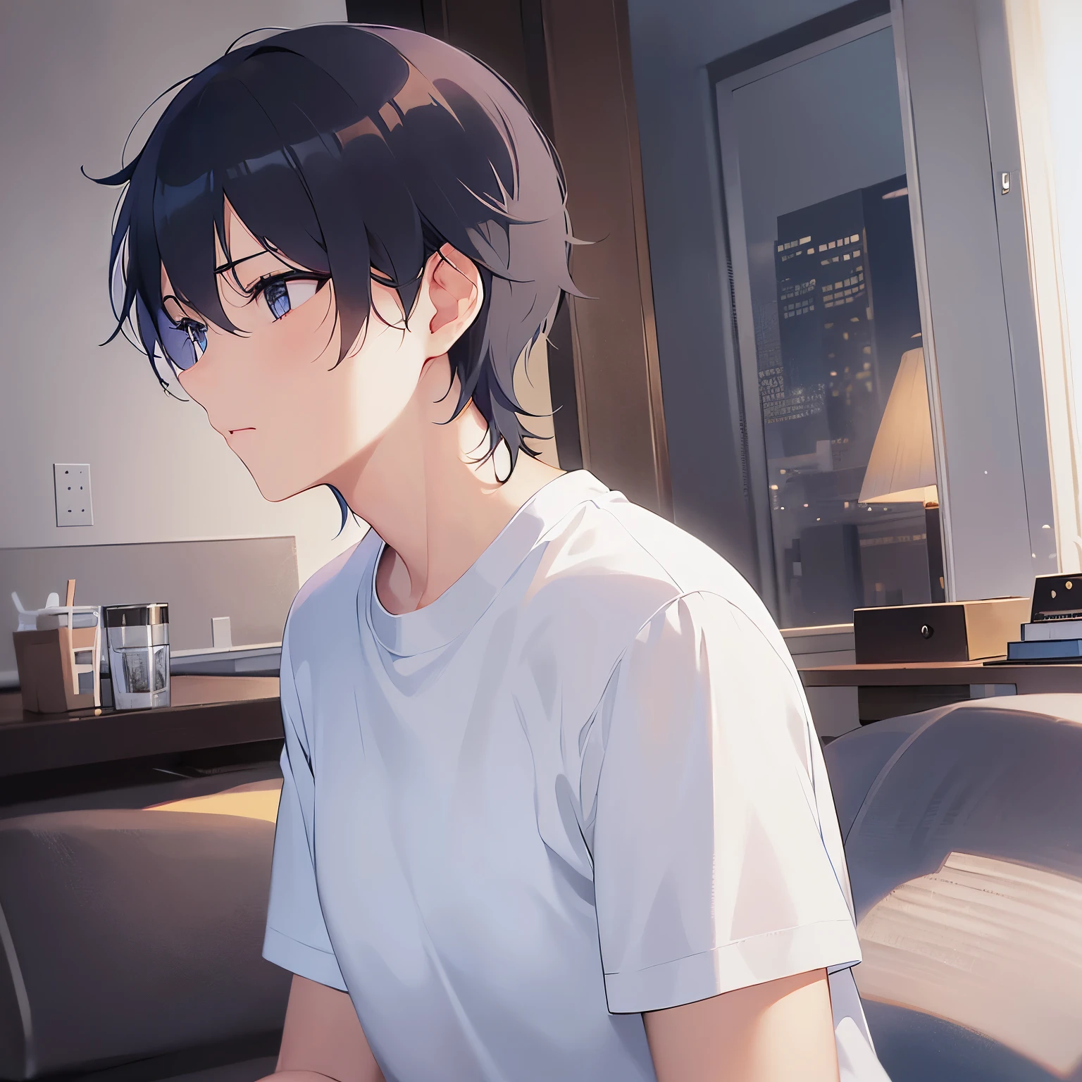 side angle, (looking away:1.5), looking up, upper body、shiny skin, masterpiece、Highest quality、(25-year-old male:1.5) and (Black short hair) and (blue eyes), White T-shirt、Are standing、surprised、The background is the living room、alone