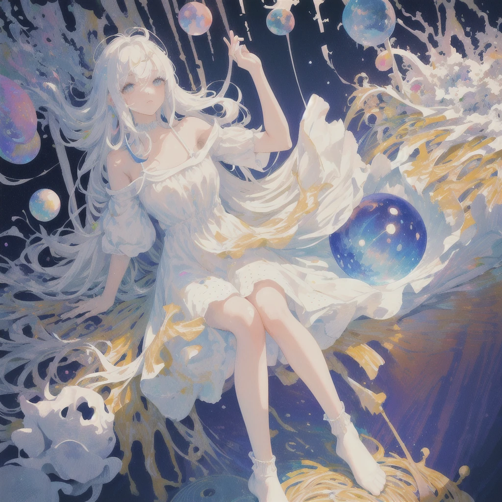 (masterpiece, best quality:1.2), (ultra detailed),(illustration), wallpaper, original, 1girl, messy white hair, spaghetti strap, white dress, bare legs, White socks, bare arms, space, Earth background, near-earth orbit, full body, ,(surrounded by colorful splashes and dot),colorful bubble,(shining)