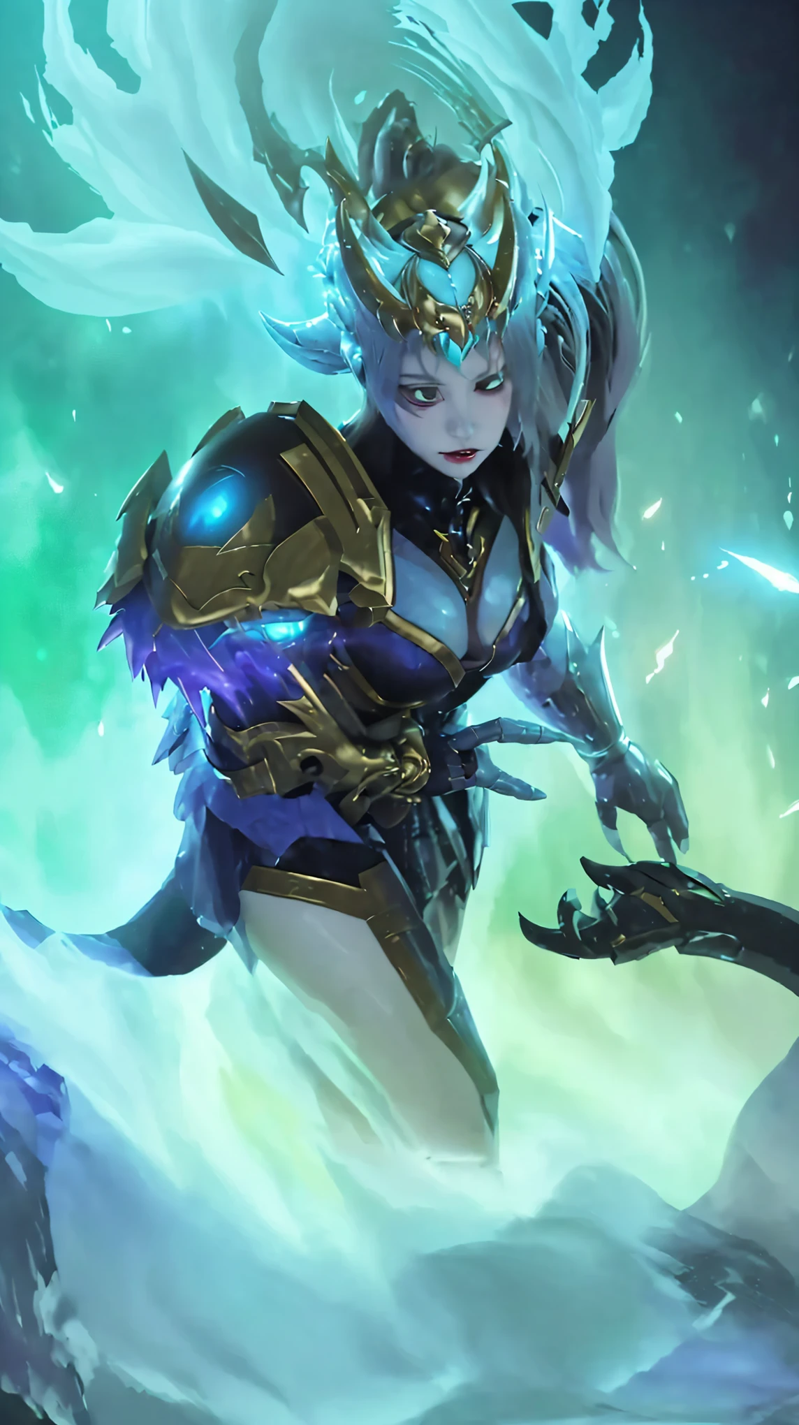 The image is a digital artwork featuring a female character with a fantasy theme. She is wearing a suit of armor and has a horned helmet, with a tail that resembles a dragon.