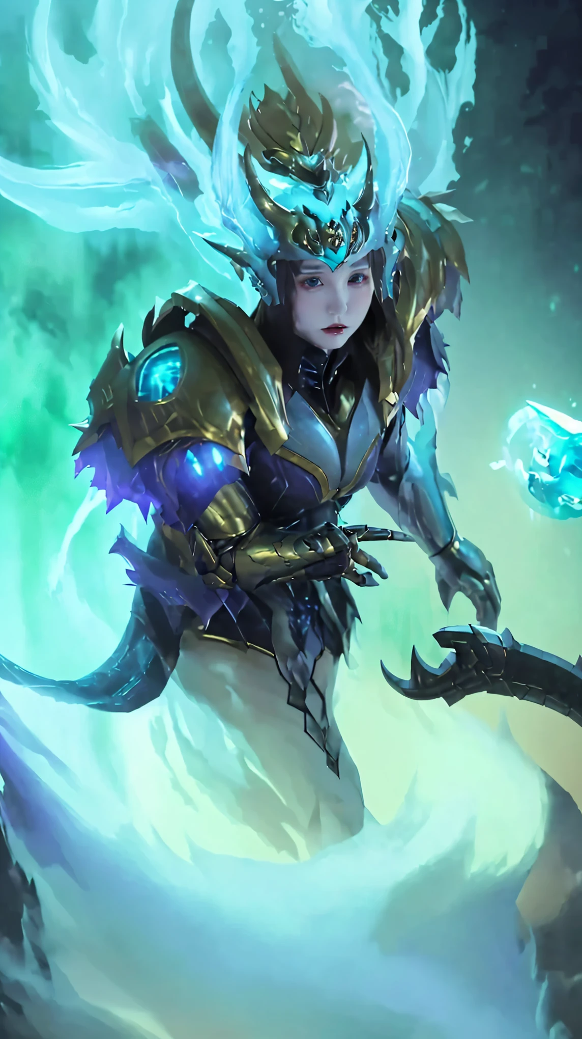The image is a digital artwork featuring a female character with a fantasy theme. She is wearing a suit of armor and has a horned helmet, with a tail that resembles a dragon.
