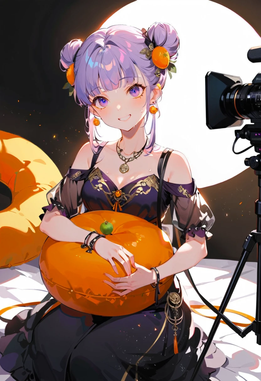 Purple hair girl painting、Glass mandarin orange earrings decorate both ears、Eye color: Ocean pink purple、Space Eyes、Inside the room、(((Giant orange shaped cushion)))、((Hugging on a cushion))、Sit down, long hair、Bun Hair、Cool and complicated, Hand holding sliced orange, A very happy expression with plenty of orange juice、((The syringe contains orange juice))、Very embarrassed、The best smile、Open your mouth wide、Grin、目はclose、((Purple and black dress))、((Syringe Shoulder Bag)), Fun and lively characters, close( Perfect Anatomy )、Beautiful, translucent white skin、A purple dress slightly damp with sweat、Underwear is visible、quality\(8K,非常に精細なCGユニットのwallpaper, masterpiece,High resolution,top-quality,top-quality real texture skin,Super two-dimensional,Increase the resolution,RAW Photos,最高quality,Very detailed,wallpaper,Cinema Lighting,Ray-tracing,Golden Ratio\),[Browsing Caution]、White and orange theme、Everything is orange except for the outfit, hairstyle, and eye color.、barefoot、whole body