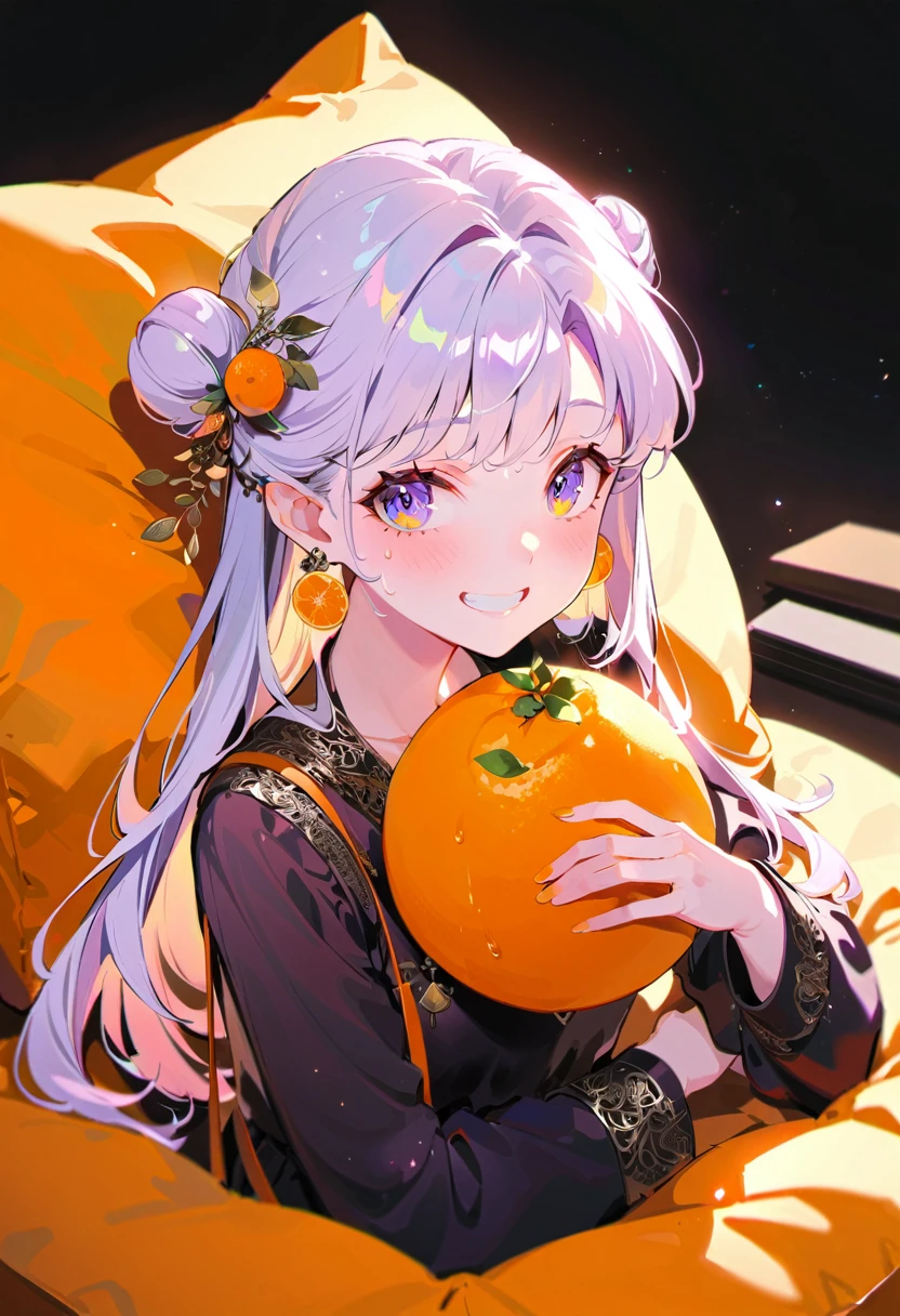 Purple hair girl painting、Glass mandarin orange earrings decorate both ears、Eye color: Ocean pink purple、Space Eyes、Inside the room、(((Giant orange shaped cushion)))、((Hugging on a cushion))、Sit down, long hair、Bun Hair、Cool and complicated, Hand holding sliced orange, A very happy expression with plenty of orange juice、((The syringe contains orange juice))、Very embarrassed、The best smile、Open your mouth wide、Grin、目はclose、((Purple and black dress))、((Syringe Shoulder Bag)), Fun and lively characters, close( Perfect Anatomy )、Beautiful, translucent white skin、A purple dress slightly damp with sweat、Underwear is visible、quality\(8K,非常に精細なCGユニットのwallpaper, masterpiece,High resolution,top-quality,top-quality real texture skin,Super two-dimensional,Increase the resolution,RAW Photos,最高quality,Very detailed,wallpaper,Cinema Lighting,Ray-tracing,Golden Ratio\),[Browsing Caution]、White and orange theme、Everything is orange except for the outfit, hairstyle, and eye color.、barefoot、whole body