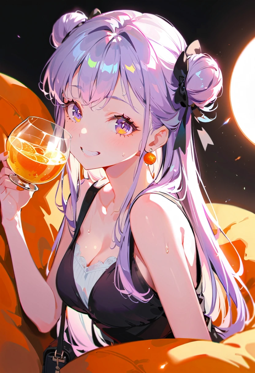 Purple hair girl painting、Glass mandarin orange earrings decorate both ears、Eye color: Ocean pink purple、Space Eyes、Inside the room、(((Giant orange shaped cushion)))、((Hugging on a cushion))、Sit down, long hair、Bun Hair、Cool and complicated, Hand holding sliced orange, A very happy expression with plenty of orange juice、((The syringe contains orange juice))、Very embarrassed、The best smile、Open your mouth wide、Grin、目はclose、((Purple and black dress))、((Syringe Shoulder Bag)), Fun and lively characters, close( Perfect Anatomy )、Beautiful, translucent white skin、A purple dress slightly damp with sweat、Underwear is visible、quality\(8K,非常に精細なCGユニットのwallpaper, masterpiece,High resolution,top-quality,top-quality real texture skin,Super two-dimensional,Increase the resolution,RAW Photos,最高quality,Very detailed,wallpaper,Cinema Lighting,Ray-tracing,Golden Ratio\),[Browsing Caution]、White and orange theme、Everything is orange except for the outfit, hairstyle, and eye color.、barefoot、whole body