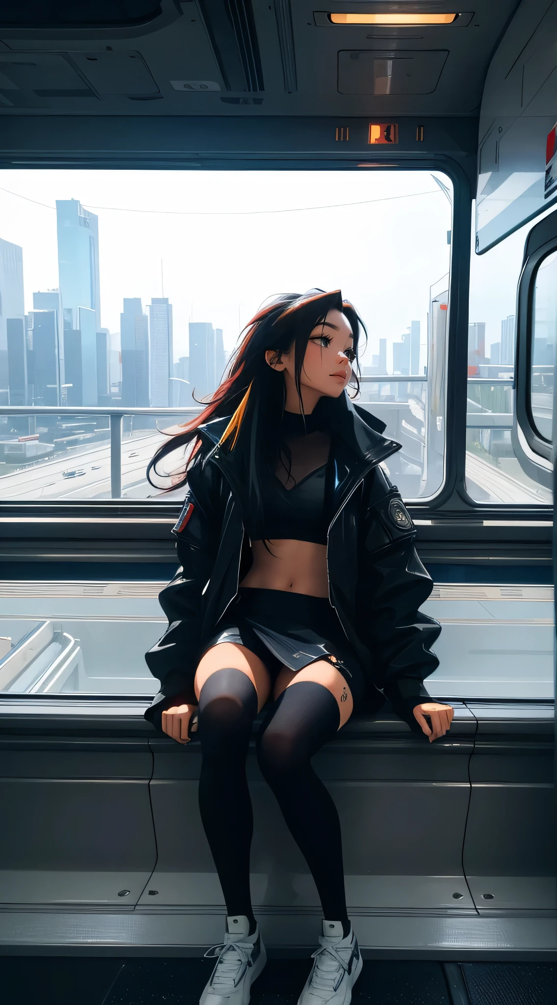 train du futur, cyberpunk, sitting by the window, pose pensives, Look at the stars, Head glued to the glass,
Landscape passing by at high speed, voyage de nuit, beautiful starry sky, Une belle fille avec,
UHD Portrait, (High quality) (ultra details) Spectator in tenue de ville hip-hop style. open jacket, crop top; different, colourfull, colored long hair 🌈, over the knee socks