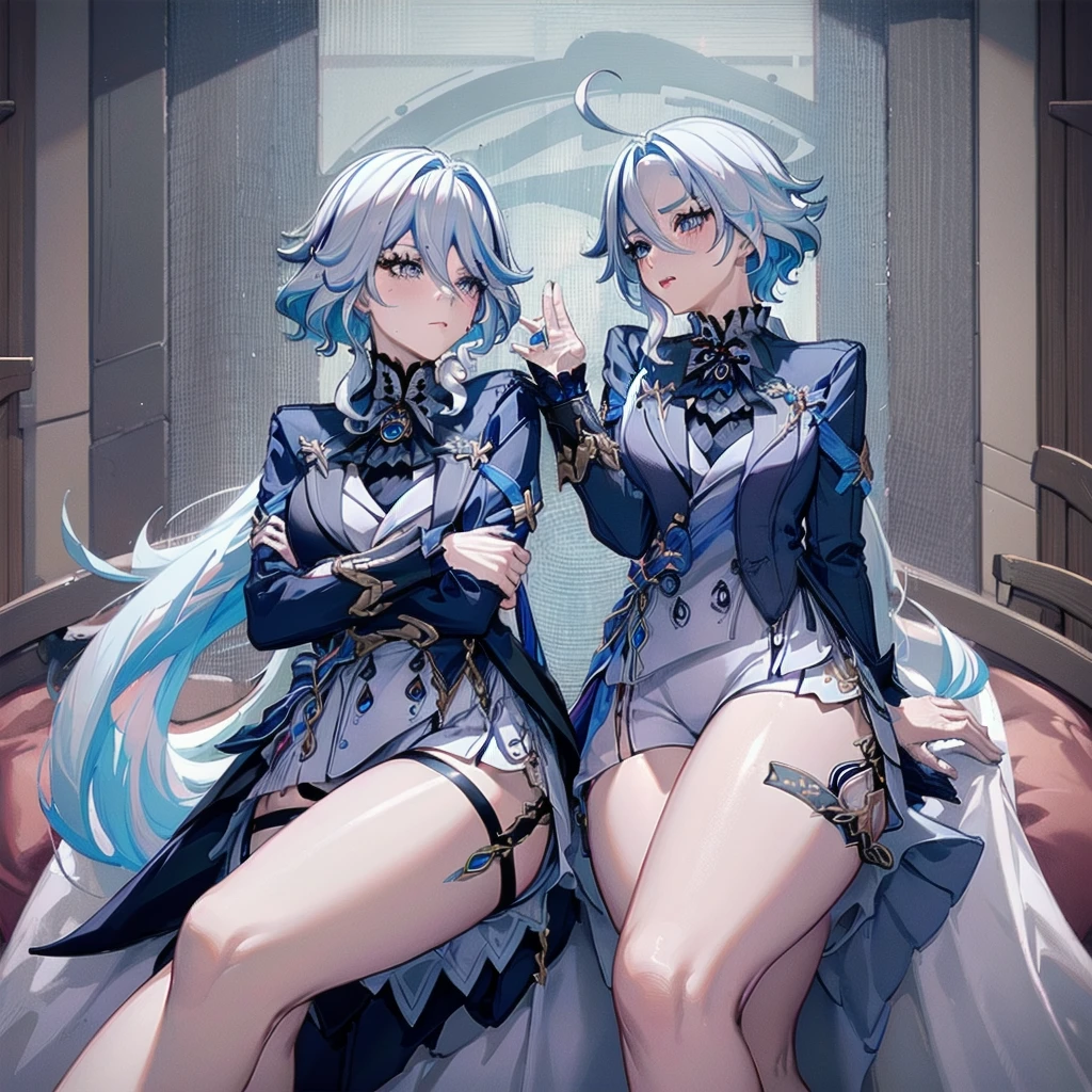 1 Girl, Forrina \(Genshin Impact\), Heterochromia, top hat, Blue Jacket, shorts, Thigh straps, waist-cape, Looking at the audience, Dazzling, blush, Tears, lie, bed sheet, Raise your hand