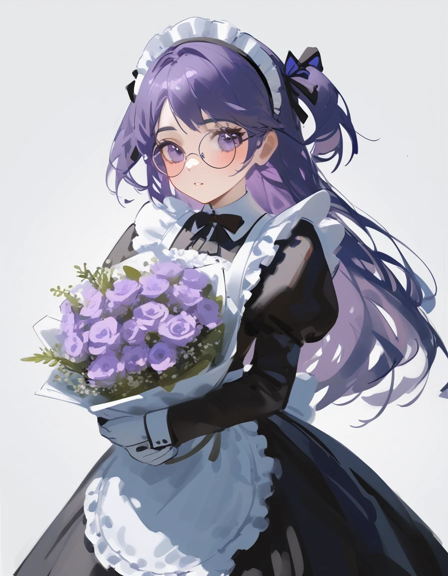 Ciloranko,  wlop, 1girl,  独奏,  flower,  bouquet,  purple eyes,  maid headdress,  looking at viewer,  maid,  apron,  holding,  white background,  long sleeves,  holding bouquet,  dress,  bow,  juliet sleeves,  puffy sleeves,  blush,  simple background,  parted lips,  frills,  ribbon,  two side up,  hair bow,  maid apron one girl, super high quality, Super Detail, Super Detailed image, long hair, looking at viewer, skirt, shirt, hair ornament, violet eyes, gloves, round glasses, long sleeves,violet hair, round glasses