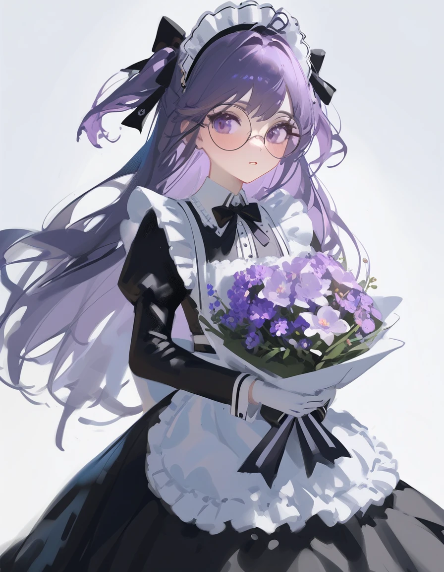 Ciloranko, wlop, 1girl, 独奏, flower, bouquet, purple eyes, maid headdress, looking at viewer, maid, apron, holding, white background, long sleeves, holding bouquet, dress, bow, juliet sleeves, puffy sleeves, blush, simple background, parted lips, frills, ribbon, two side up, hair bow, maid apron one girl, super high quality, Super Detail, Super Detailed image, long hair, looking at viewer, skirt, shirt, hair ornament, violet eyes, gloves, round glasses, long sleeves,violet hair, round glasses