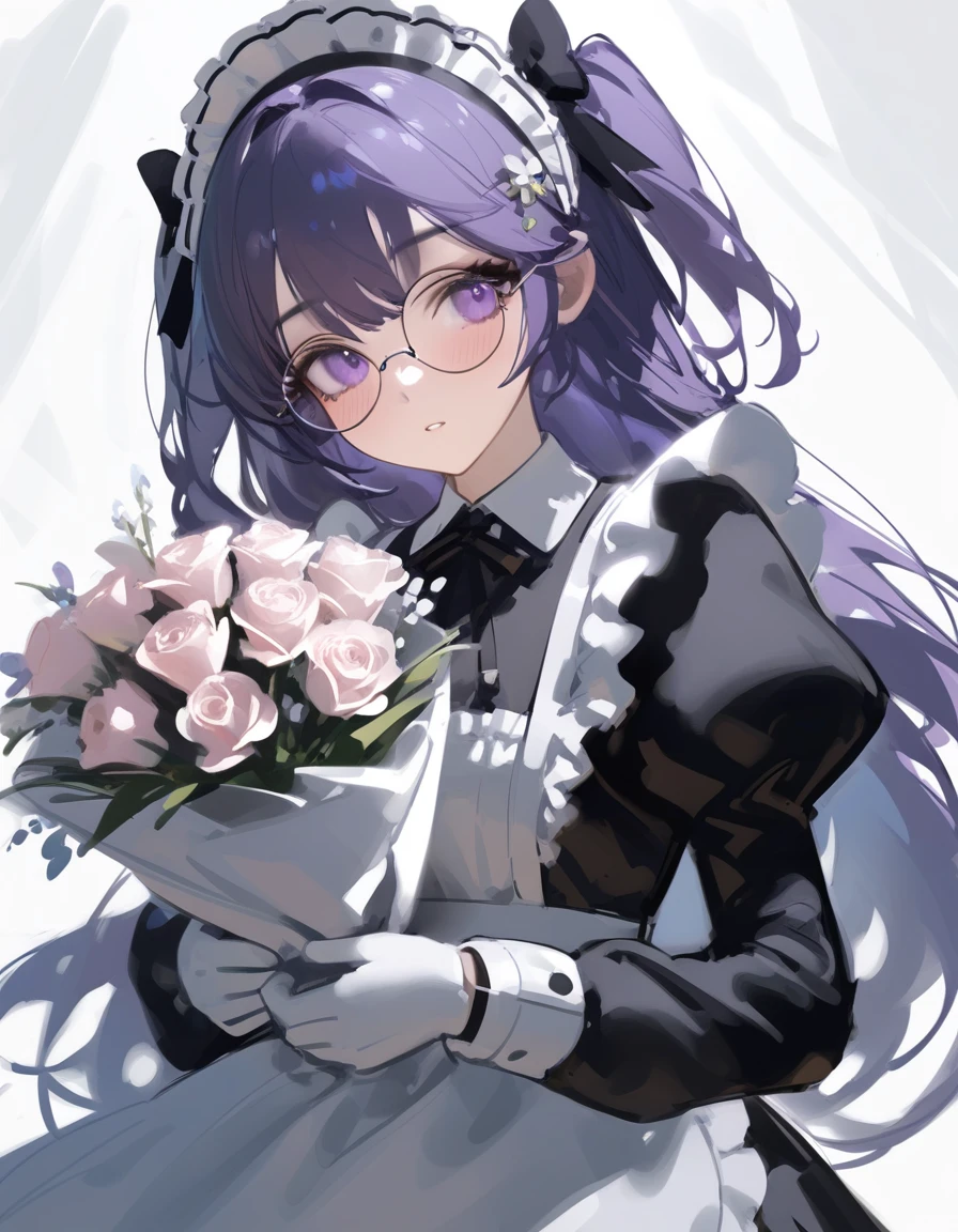 Ciloranko, wlop, 1girl, 独奏, flower, bouquet, purple eyes, maid headdress, looking at viewer, maid, apron, holding, white background, long sleeves, holding bouquet, dress, bow, juliet sleeves, puffy sleeves, blush, simple background, parted lips, frills, ribbon, two side up, hair bow, maid apron one girl, super high quality, Super Detail, Super Detailed image, long hair, looking at viewer, skirt, shirt, hair ornament, violet eyes, gloves, round glasses, long sleeves,violet hair, round glasses