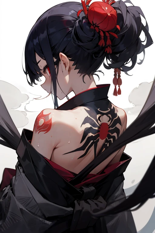 masterpiece, best quality, 1girl, from back, undressing, upper body, kimono, twisted arms, tattoo of spider on back, sweat, steam