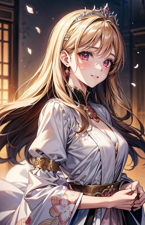 masterpiece、Highest quality、High resolution、High-quality images、8K, 1 female、Skin Radiance、Texture of skin and clothing、Expression of fine eyes、Shiny latte-colored hair,Long Hair Girl, Manga inspired by Lee Jong-suk, Trending on deviantart, realism, detailed manga style, Manga art style, Perfect Line Drawing, Beautiful line art, digital manga art girl, K-POPアイドル, dress, Beautiful pink eyes, Fuller lips, Gorgeous face with attention to detail, (Cute Smile), charm, Innocent, Side view, (Perfectly detailed face), (Beautiful Hands) Photorealistic images, Written boundary depth, Half-up hairstyle, tiara, 白いウエディングdress,At a wedding,Association, evening,Lots of roses,