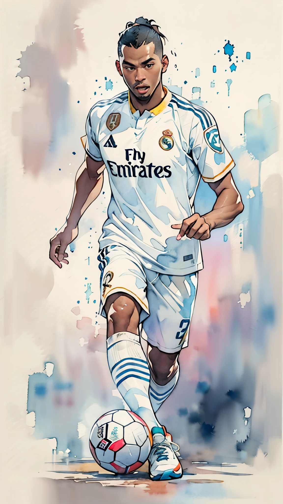 (masterpiece:1.2, Highest quality),(Very detailed),(((watercolor))),8K,wallpaper,(Real Madrid uniform),(Soccer Shoes),26 years old,Black man,Dribbling,(((front))),(((whole body:1.5))),(Serious),((Detailed hand drawing)),(((透明watercolor:1.0))),(((Dynamic Dribble)))