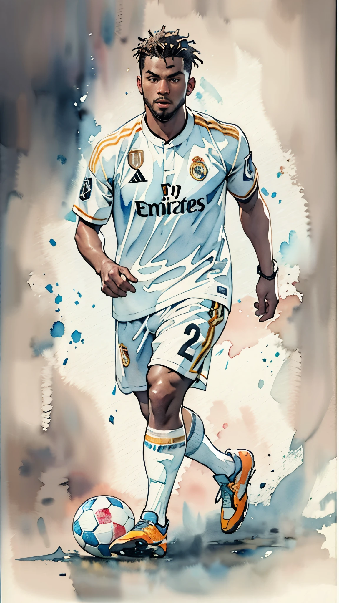 (masterpiece:1.2, Highest quality),(Very detailed),(((watercolor))),8K,wallpaper,(Real Madrid uniform),(Soccer Shoes),26 years old,Black man,Dribbling,(((front))),(((whole body:1.5))),(Serious),((Detailed hand drawing)),(((透明watercolor:1.0))),(((Dynamic Dribble)))